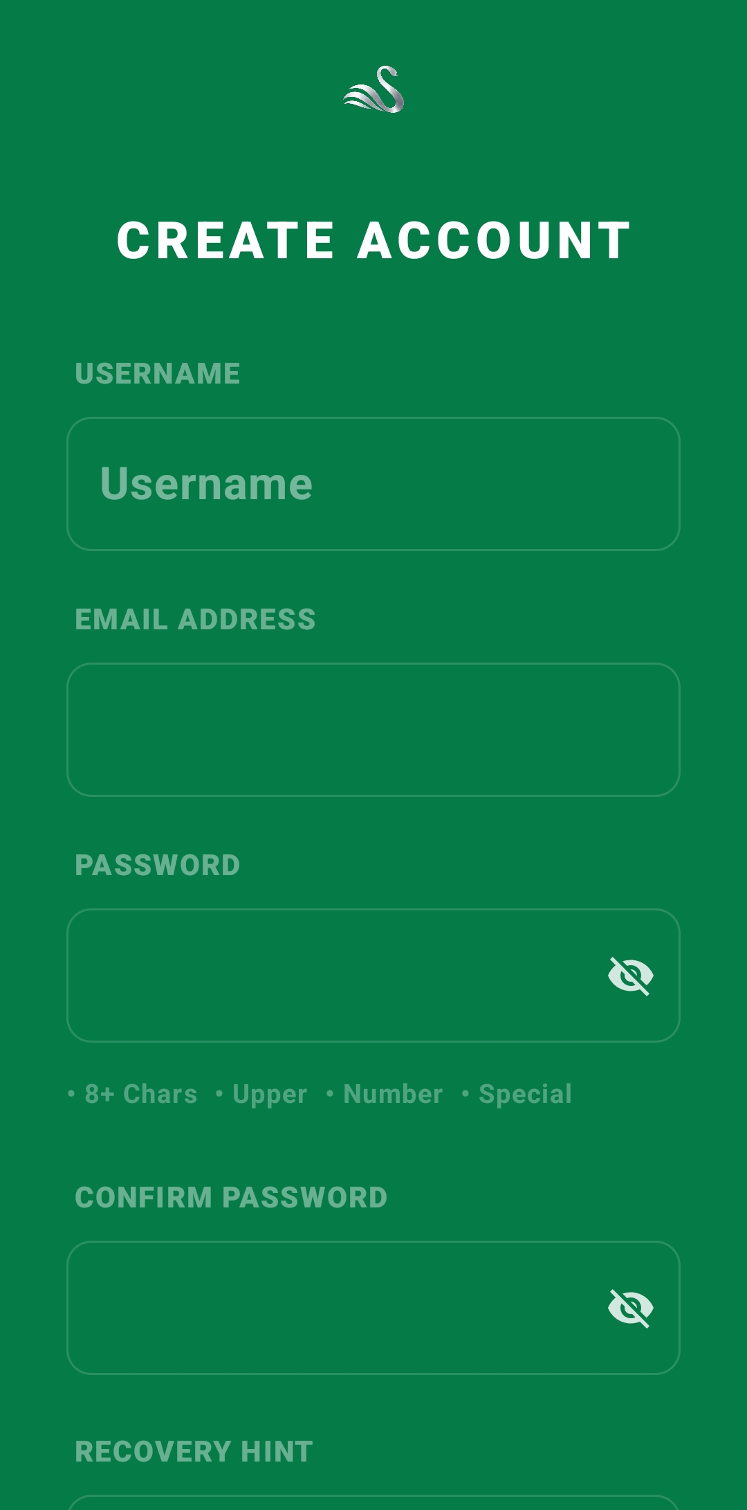 Create account form with username, email, and password fields