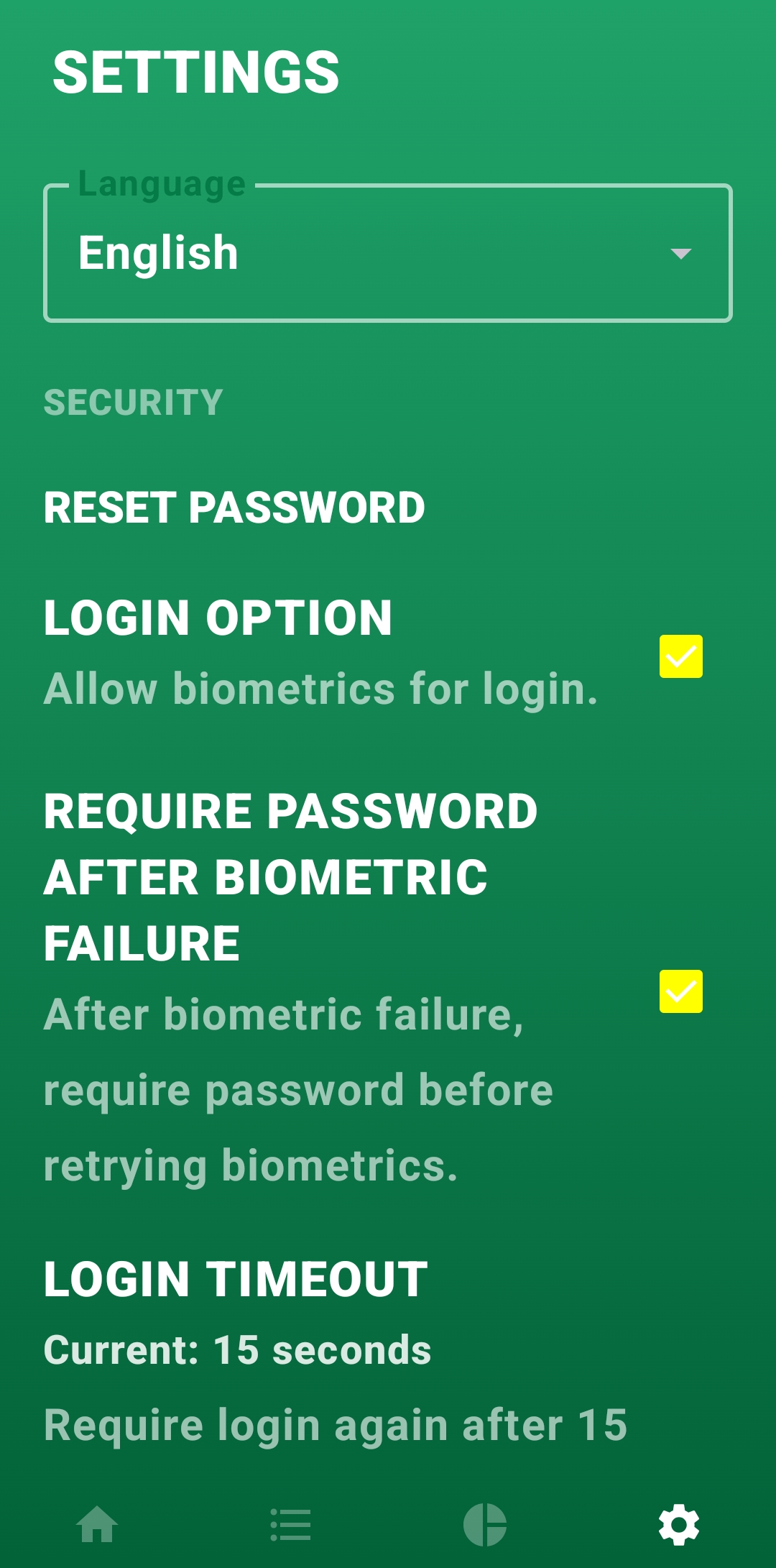 Settings screen with preferences and tools