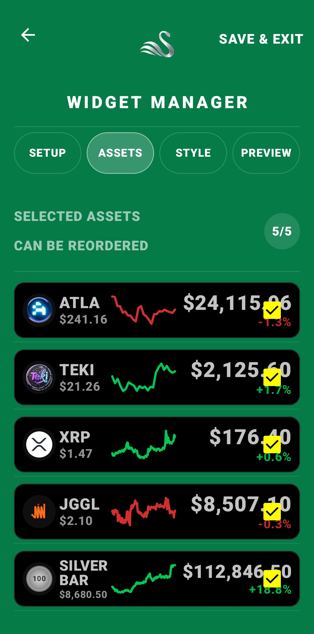 Widget manager to choose assets for the home screen widget